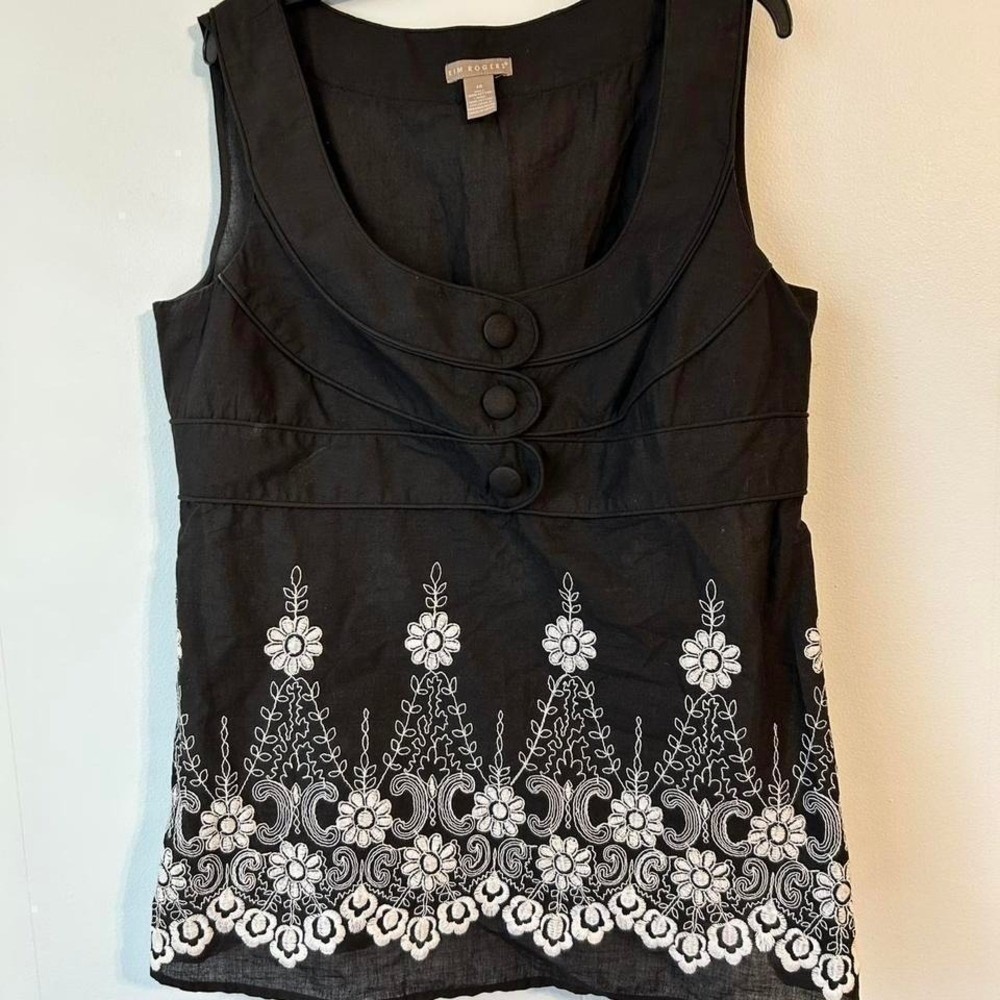 Kim Rogers Black Cotton Embroidered Sleeveless Blouse Floral Scoop Neck Size 10